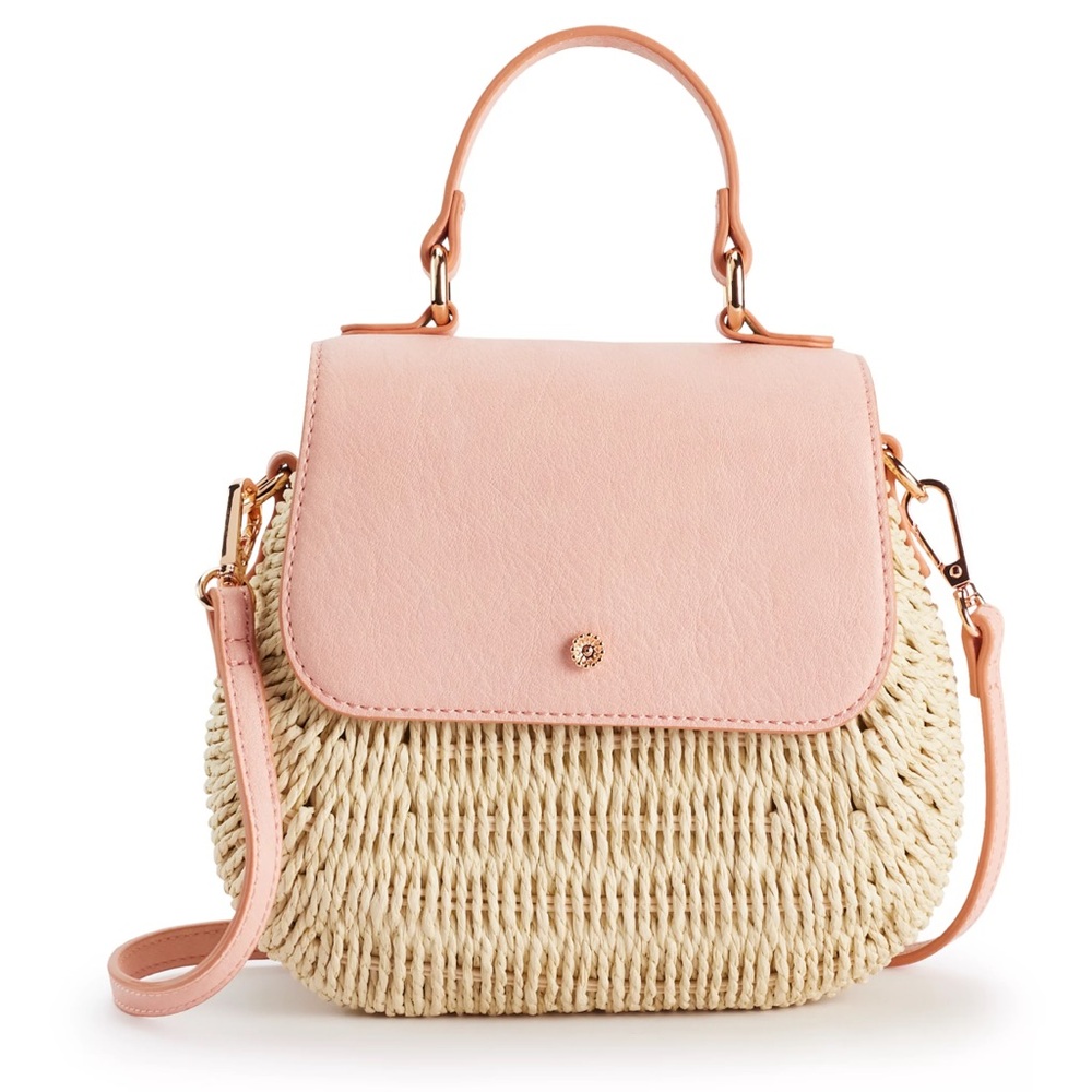 LC Lauren Conrad Pink Flap Straw Crossbody Bag